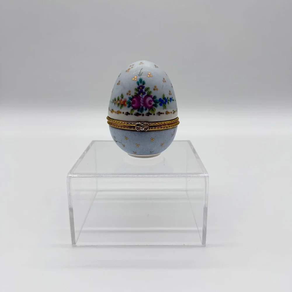Vintage Floral Porcelain Egg Trinket Box Hand Painted Hinged Gold Trim Blue 3